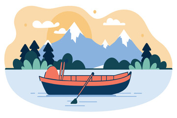 An orange boat floats on a tranquil lake against a backdrop of mountains and twilight skies
