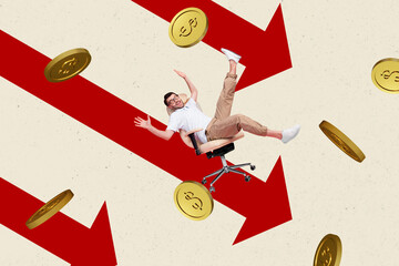 Creative collage image young man sit armchair economy crisis currency devaluation golden coins problem drawing background