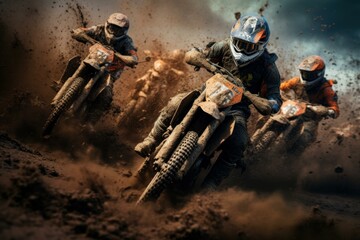Dynamic image of motocross riders racing through muddy terrain, splashing dirt