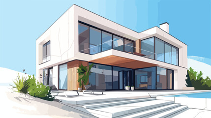 Modern house exterior design from glass concrete and