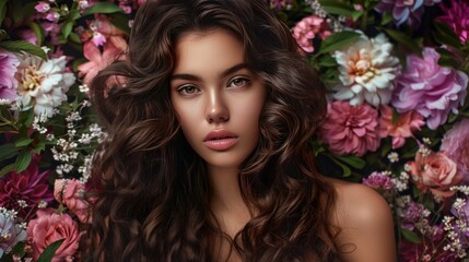 A beautiful brunette model with long, shiny, wavy hair poses against a wall of flowers. Her curly hairstyle frames her face perfectly.