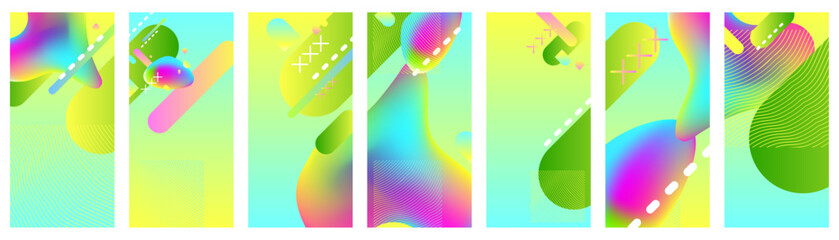 Big set surfaces coverings backgrounds New bright juicy summer abstract fluid creative banner, trendy bright neon colors with dynamic lines