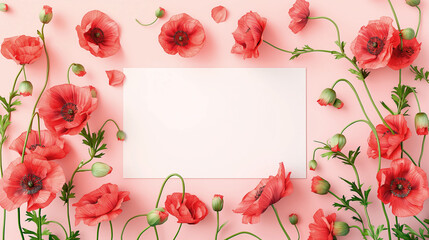 Vibrant red poppies surrounding a blank white central frame on a pink background