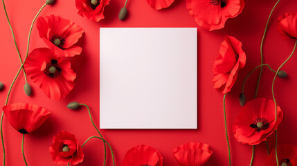 Bright red poppy flowers surrounding a central blank space on a red background