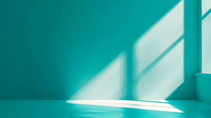 Minimalist teal room with sunlight and shadows