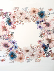 Floral wreath in pastel colors on white background. Copy space