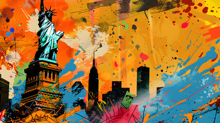 A dynamic and colorful interpretation of New York City, highlighting the Statue of Liberty amidst paint splatters