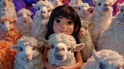 A smiling animated girl surrounded by numerous fluffy caricatured alpacas in a radiant setting