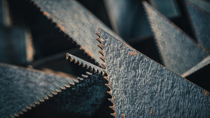 Close-up surface texture of rusty scrap metal iron sheets with serrated saw teeth edges, industrial waste pile.