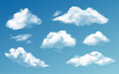 Realistic clouds. White 3d transparent cloud in various shapes. Vapor rainclouds, night mist clouding isolated vector set. Outdoor floating cumulus cloudscape, summer or spring blue sky