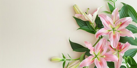 Pink lilies and mint leaves create a gentle border along the left side of a creamcolored background, leaving ample copy space on the right for a Mothers Day greeting