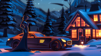 An illustated scene depicting an elegant woman standing by a luxury car parked in front of a cozy village home on a snowy evening
