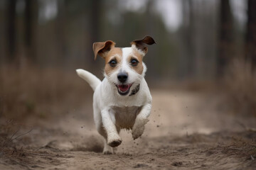 A brown and white dog energetically running through a dense forest surrounded by tall trees and fallen leaves