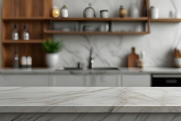 Marble counter with copy space for your product in blurred living room background Generative AI 