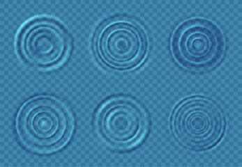 Ripple water waves. Concentric circles on blue water level from falling drops splash. Top view round swirls on liquid surface. Vector set isolated on aqua texture. Circular droplet, rain drips