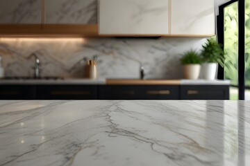 Marble counter with copy space for your product in blurred living room background Generative AI 