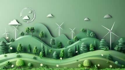 Wind energy from wind turbines. Graphic design featuring green landscapes. Environmental Conservation concepts