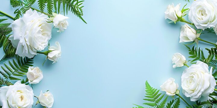 White roses and ferns frame the top of a pastel blue background, offering ample space below for a thoughtful Mothers Day message