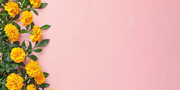 Yellow marigolds and ivy branches create a lush border along the left edge of a light pink background, providing copy space on the right for a birthday note