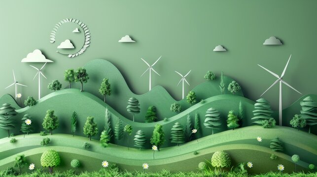 Wind energy from wind turbines. Graphic design featuring green landscapes. Environmental Conservation concepts