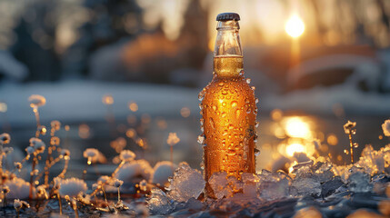 Frozen beer bottle transformed into an elegant ice sculpture, evoking the sensation of a chilled beverage. AI generative technology highlights the icy allure.