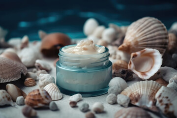 A glass jar filled with cream stands among various sea shells scattered around it - Powered by Adobe