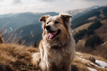 A dog is calmly sitting on a hill in the countryside