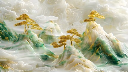Traditional golden jade landscape trees scenery poster background