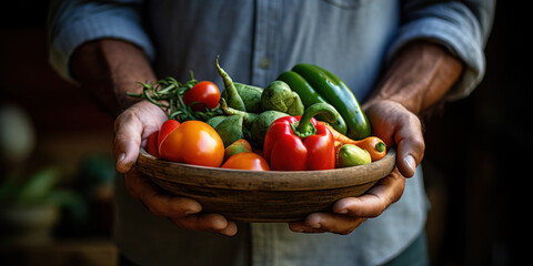 Sustainable Farming, Farmers With A Bowl Full Of Garden Fresh Organic Produce. Healthy Eating. Generative AI