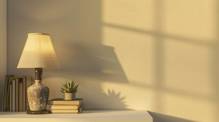 interior, lamp and books on shelf