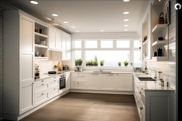 A kitchen featuring white cabinets and a wooden floor