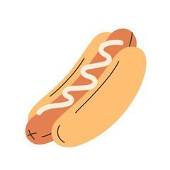 y2k food element. Flat hot dog with sauce isolated on white background. Fast food