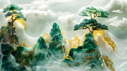 Traditional golden jade landscape trees scenery poster background