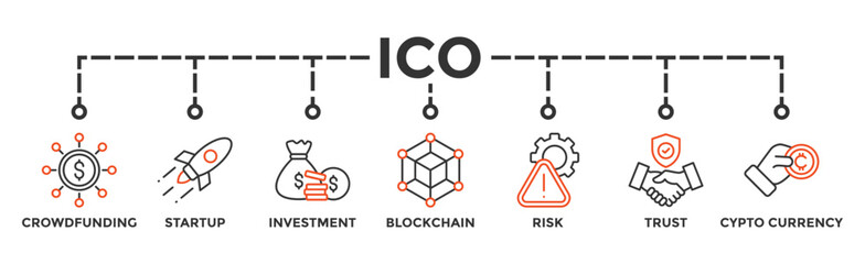 ICO banner web icon vector illustration concept of initial coin offering with icon of crowdfunding, startup, investment, blockchain, risk, trust and cypto currency