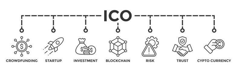 ICO banner web icon vector illustration concept of initial coin offering with icon of crowdfunding, startup, investment, blockchain, risk, trust and cypto currency