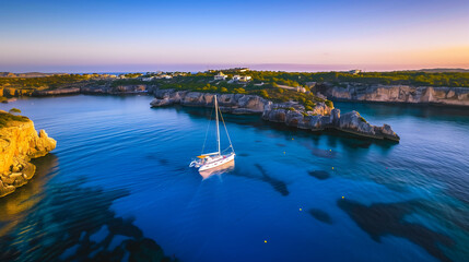 Drone Aerial Photo of a Sailing Yacht in the Transparent Turquoise Waters of an Island