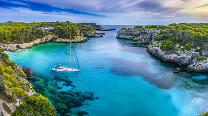 Drone Aerial Photo of a Sailing Yacht in the Transparent Turquoise Waters of an Island