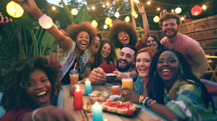 A merry crowd of friends raising their glasses in a toast at an outdoor gathering with festive lights