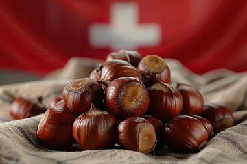 A bunch of chestnuts on burlap against the background of the Swiss flag. Generated by artificial intelligence
