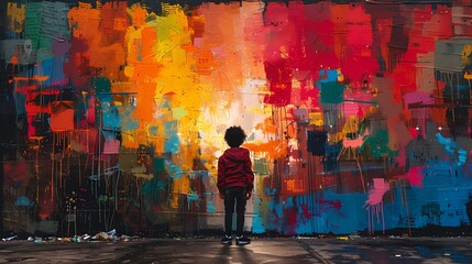 A child leaving his mark on the city's walls, his graffiti art a colorful reminder that every voice...
