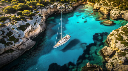 Fototapeta premium Drone Aerial Photo of a Sailing Yacht in the Transparent Turquoise Waters of an Island