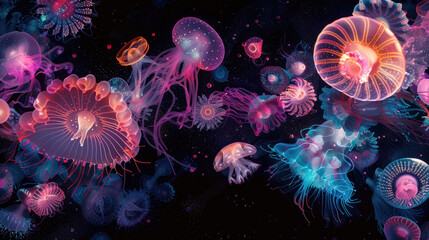 A cluster of jellyfish drifting in the open ocean waters