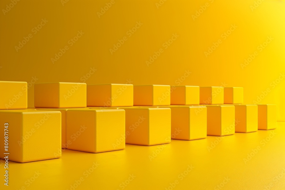 Poster a simple yet striking image of yellow cubes neatly arranged, decreasing in size, presenting perspect