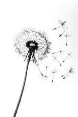 Dandelion seeds on a white background. Black and white.