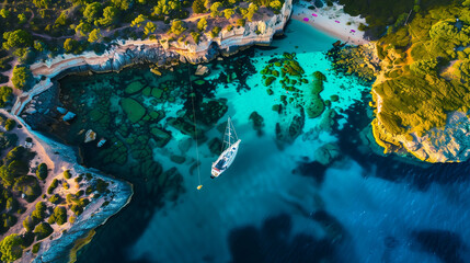 Drone Aerial Photo of a Sailing Yacht in the Transparent Turquoise Waters of an Island