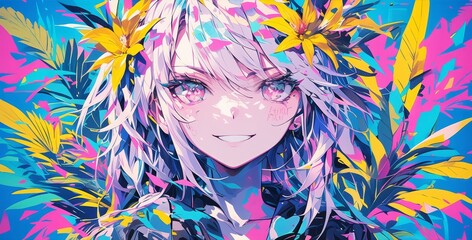 A beautiful girl with white hair and pink eyes is depicted, wearing yellow flowers in her bangs and smiling. She is surrounded by colorful tropical plants and palm trees.