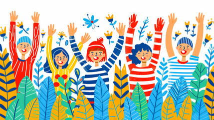 People hold their hands up cartoon illustration
