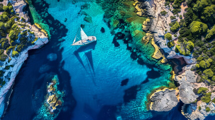 Obraz premium Drone Aerial Photo of a Sailing Yacht in the Transparent Turquoise Waters of an Island
