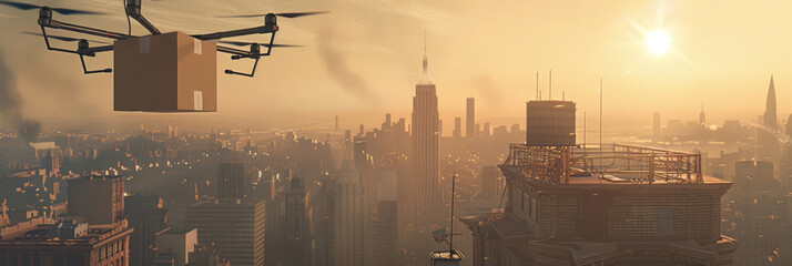 A drone carrying a package flies above the city as the sun sets, casting an orange glow over the...