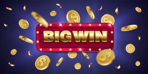 Big Win. Retro big win congratulation poster with explosion of golden confetti and coins. Poker jackpot, roulette or lottery winner gambling vector banner. Online cash, casino winnings